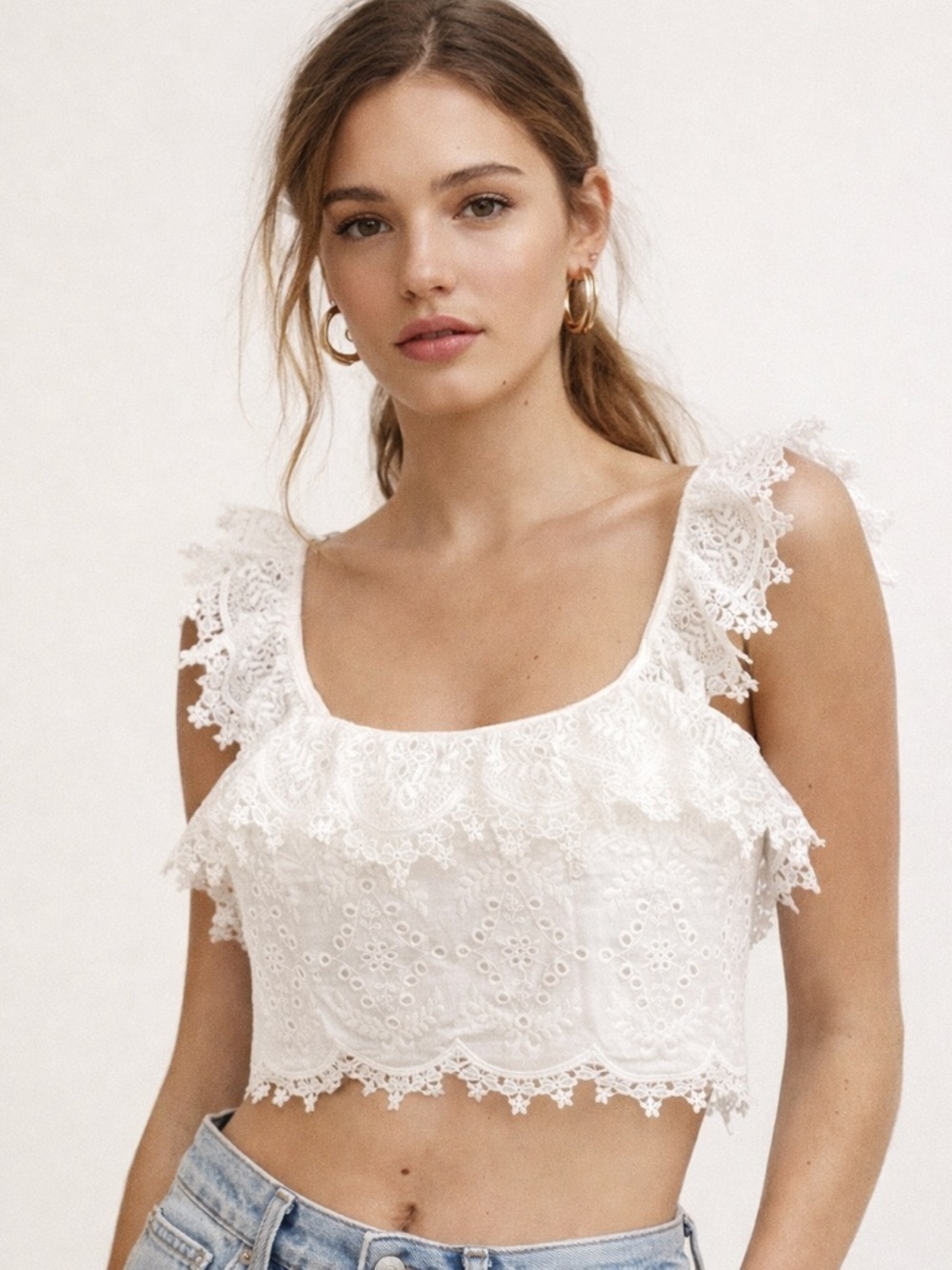 Zara White Eyelet Lace Crop Top Flutter Straps Scalloped Hem Boho Size L